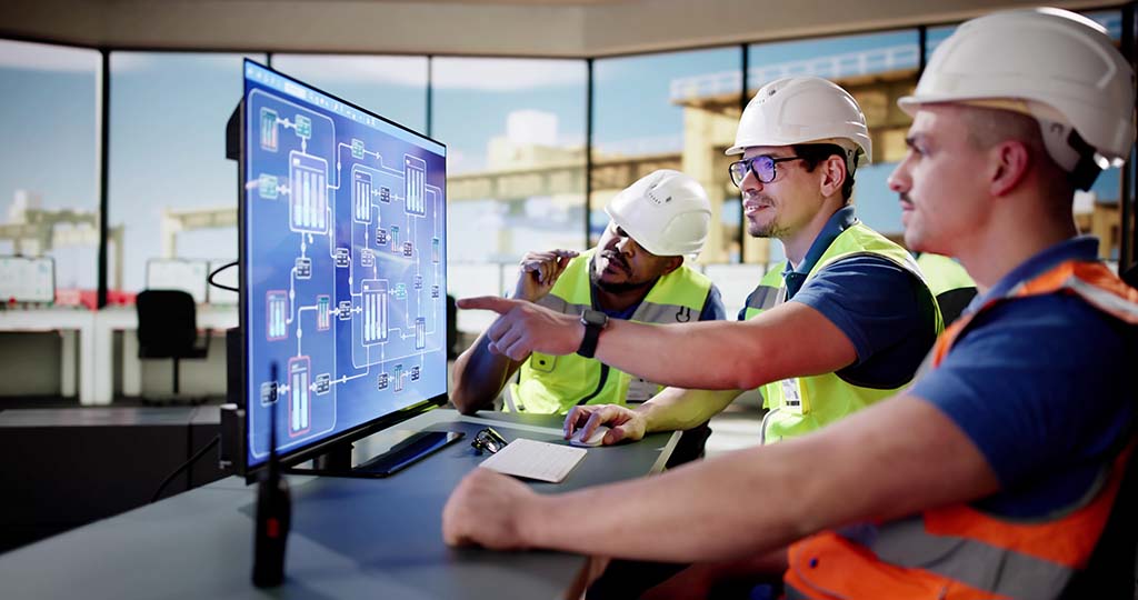 Three engineers view data on a SCADA system.